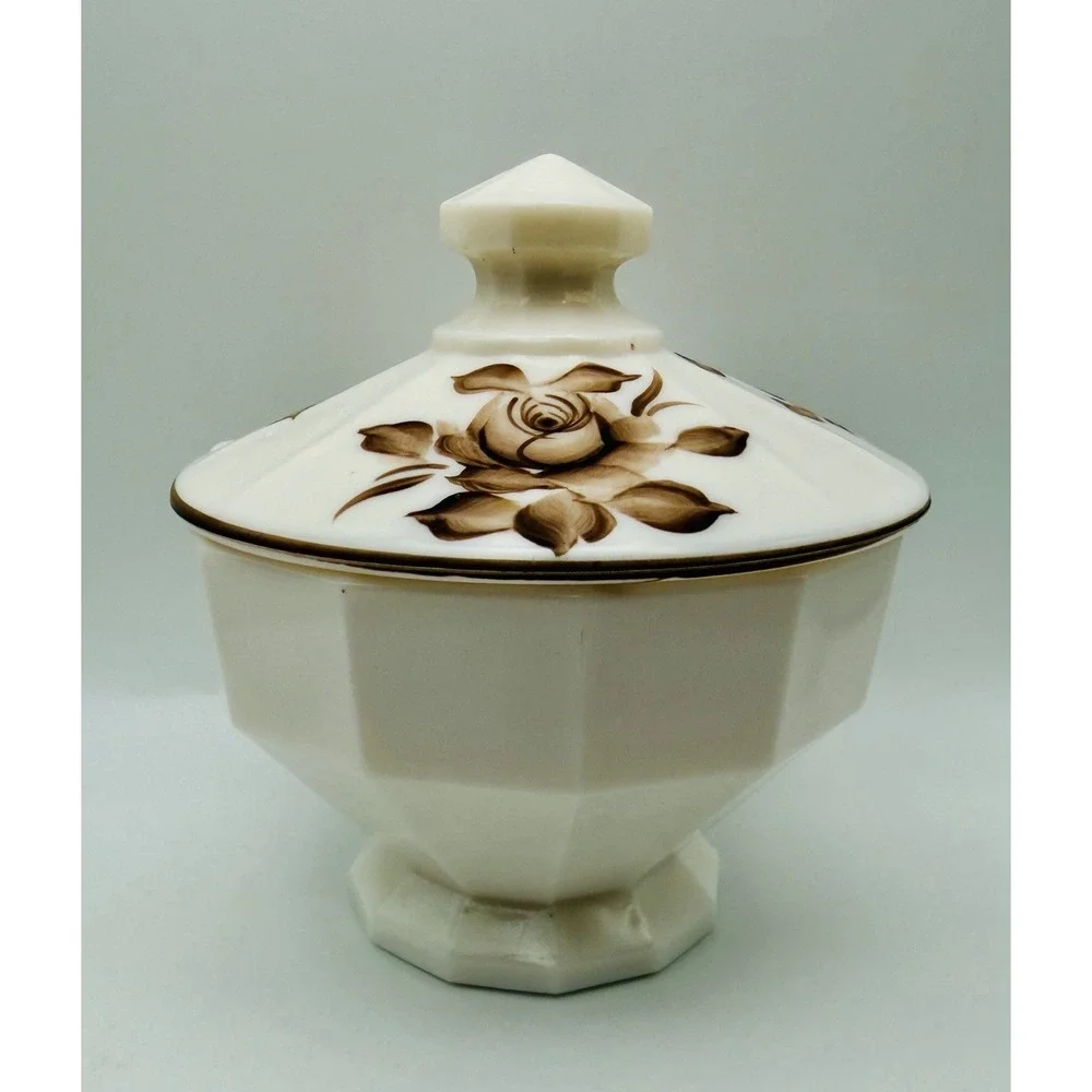 VTG 1980 Westmoreland Almond Milk Glass Covered Candy Dish Hand Painted & Signed